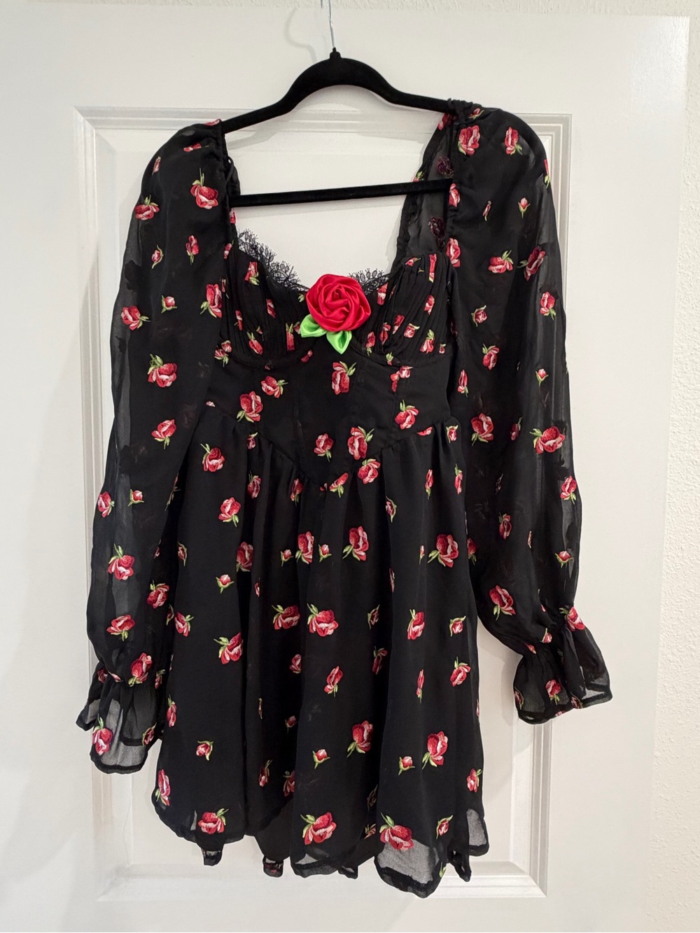 For Love and Lemons Black Floral Babydoll Dress with Red Rose Detail